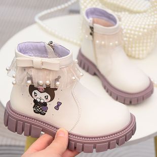 女童真皮短靴儿童加绒二棉靴秋冬款童鞋女孩软底马丁靴公主靴单靴