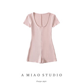 欧美风坑条深U领修身 健身瑜伽 高腰包臀连体短裤 短袖 连体衣春夏款