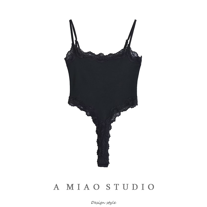 蕾丝花边露腰吊带连体衣打底衫