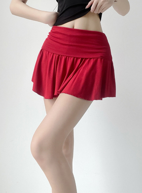 纯欲辣妹风性感防走光短裙女夏季翻折a字百褶高腰芭蕾伞裙小个子