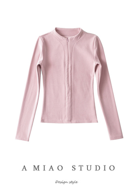 舒适保暖双面绒拉链小立领长袖修身打底衫秋冬短款长袖T恤上衣