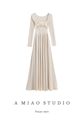 气质纯欲方领针织拼接速干长袖修身连衣裙初秋轻熟温柔打底裙长裙