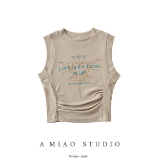 外穿无袖 两侧抽褶修身 露脐夏季 辣妹风短款 上衣女 背心字母印花美式