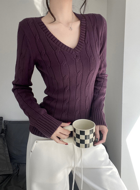 美式复古V领麻花针织衫女秋冬内搭显瘦外穿打底衫紫色毛衣长袖衫