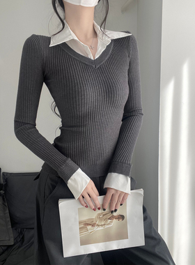 小众设计款polo领拼接撞色假两件长袖针织衫老钱风灰色毛衣打底衫