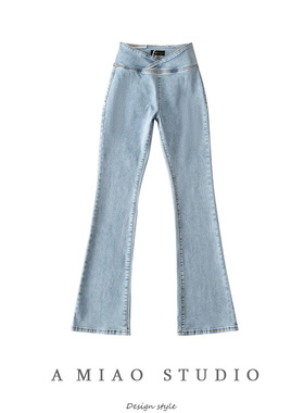 欧美风辣妹心机不规则腰部弹力紧身微喇牛仔裤无拉链性感提臀长裤