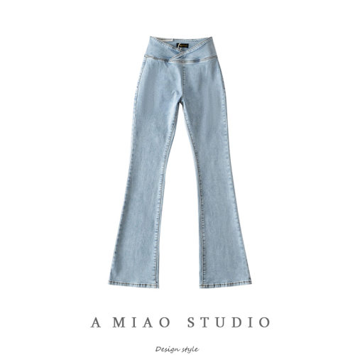 高腰弹力微喇牛仔长裤长裤