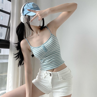 甜酷条纹带胸垫细肩吊带纯欲背心