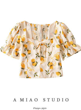 A MIAO STUDIO法式复古方领低胸露锁骨柠檬印花衬衫泡泡袖短上衣