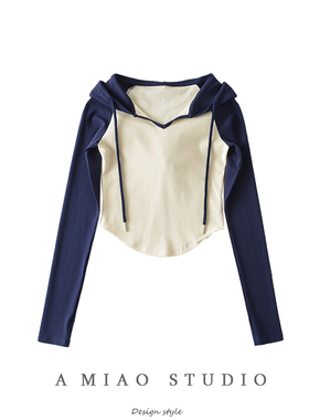 纯欲辣妹风撞色插肩袖抽绳连帽长袖修身T恤弧形下摆短款T恤打底衫