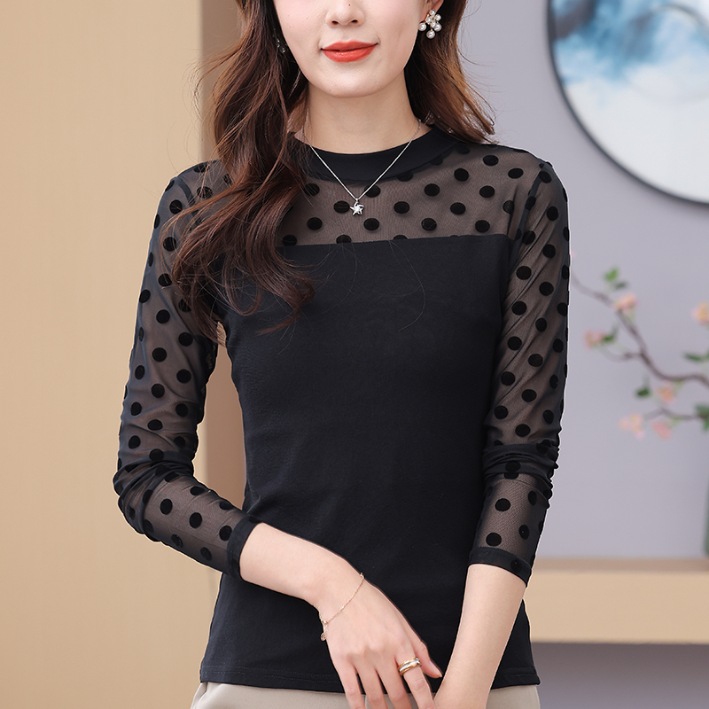 2025春韩版新款立领蕾丝衫修身显瘦网纱打底衫大码女装长袖T恤女