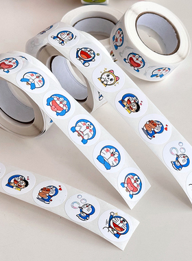 超满足一大卷可爱蓝胖子卡通圆形封口贴卷装贴纸手账diy装饰贴画