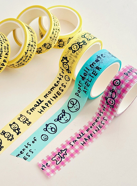 ins韩国笑脸涂鸦格子纸胶带可爱手撕胶带手帐和纸胶带贴纸整卷