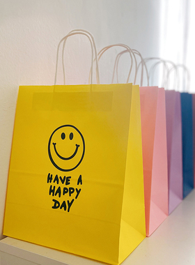 5个装M自制ins风可爱笑脸卡通手提纸袋礼品包装袋HAPPY牛皮纸袋韩