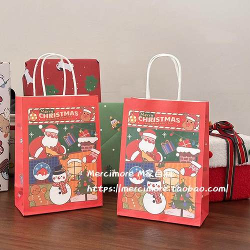 圣诞礼物袋幼儿园儿童平安夜牛皮纸包装袋圣诞老人红色小号礼品袋