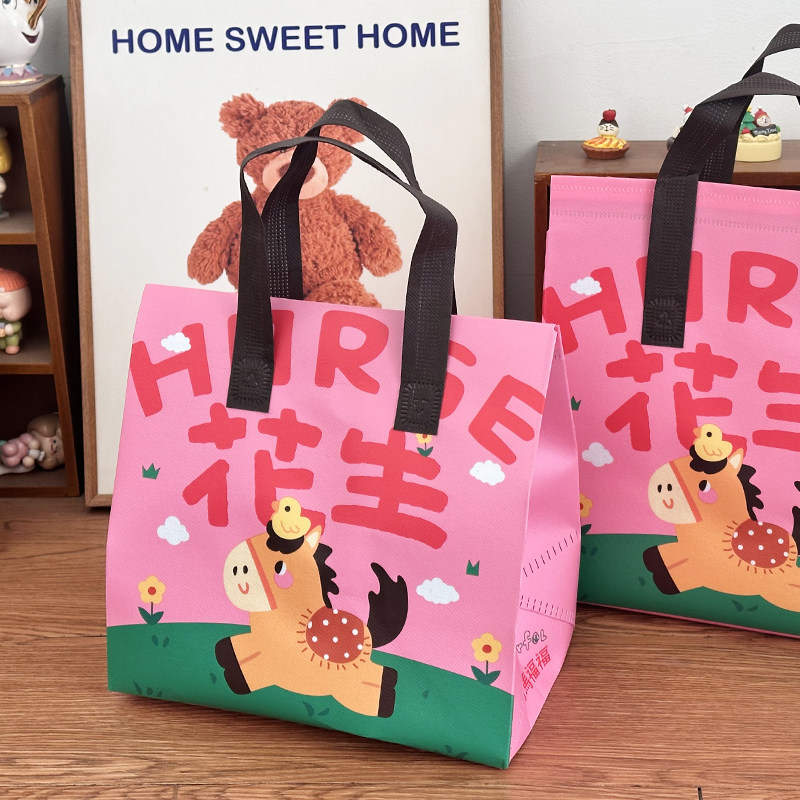 可爱马年新款保温无纺布袋铝膜保温带封条玫红色高颜值手提袋包装