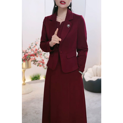 长袖小西服两件套连衣裙女2025年春秋新款喜婆婆妈妈婚宴礼服套装