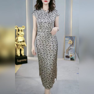 春韵楚衣波点连衣裙女夏季 系带微胖mm高端过膝a字裙 2025新款 修身