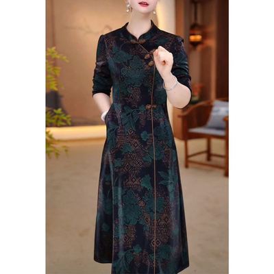 长袖高档国风改良旗袍连衣裙女2025春秋新款妈妈奢华修身礼服裙子