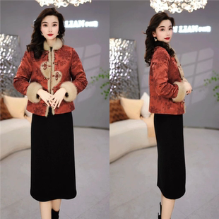 2025新款今年流行爆款外套冬季女士中式复古红色气质加厚套装裙