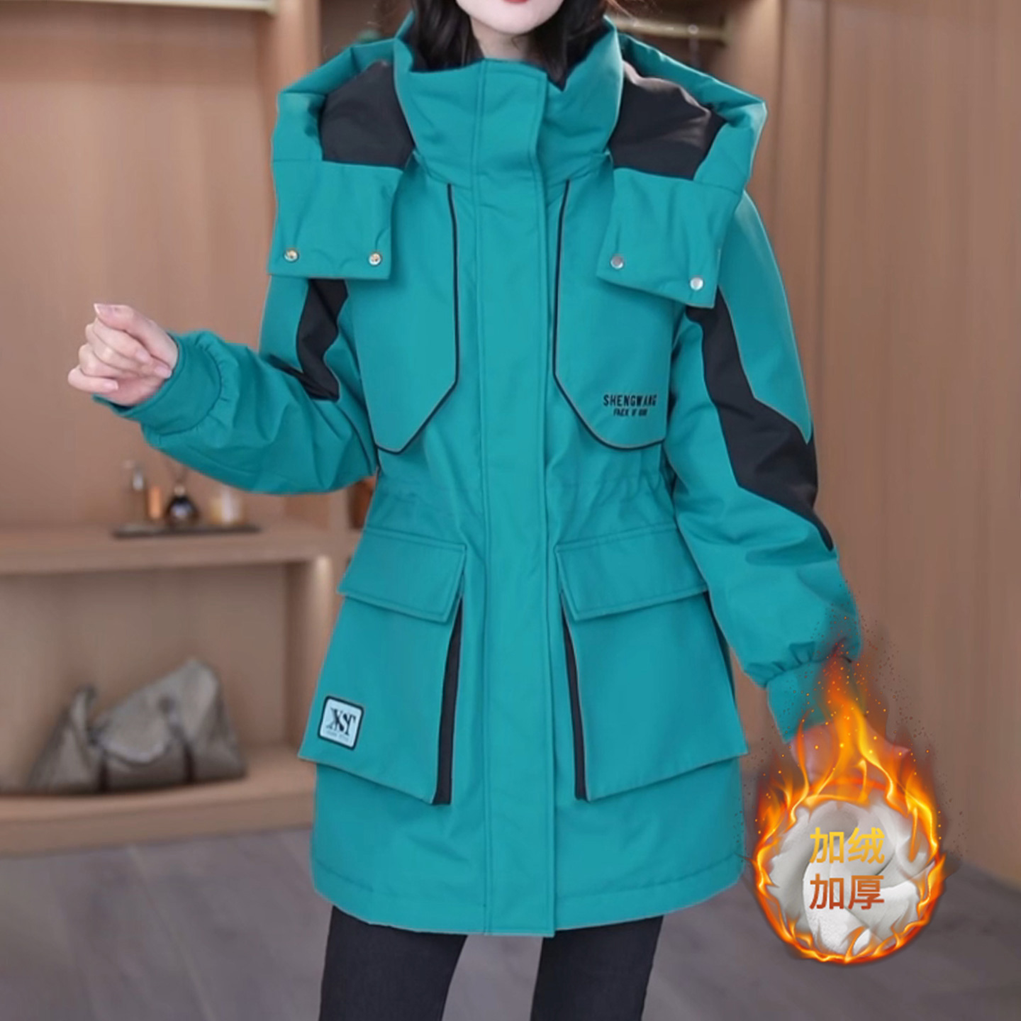 冲锋衣派克服女2025新款冬季加绒晋江二棉爆款中长款连帽羽绒棉服