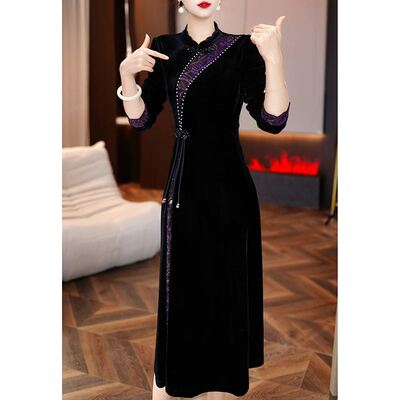 高端气质丝绒改良旗袍洋装女2025秋季新款妈妈优雅修身礼服裙子