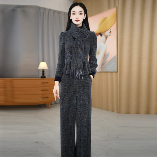 艾丝琪搭配围巾休闲套装女冬季2025新款修身加厚上衣直筒裤两件套