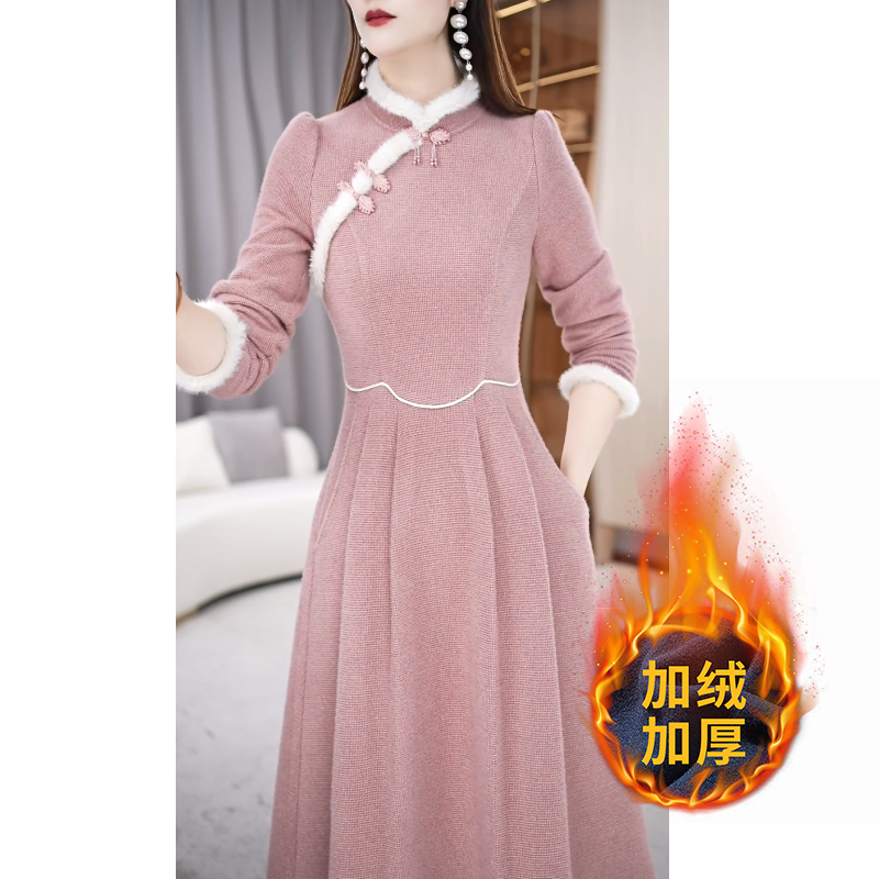 莉丝雅改良旗袍连衣裙加绒加厚2024冬装新款女减龄修身新中式裙子