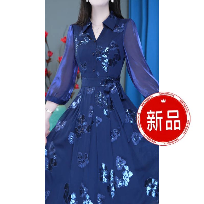 梦莎姿衬衫领印花洋装女2025年春季新款收腰显瘦妈妈装a字裙子