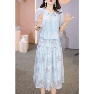 洋氣印花假兩件短袖 新款 高級感媽媽韓版 遮肉裙子 連衣裙女2025夏季