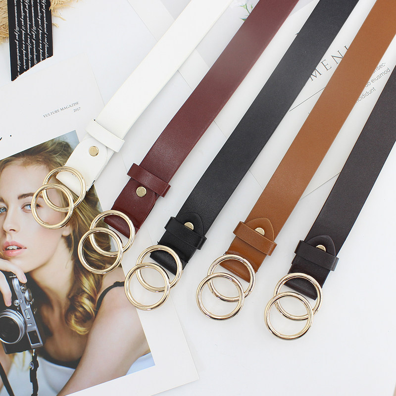 韩国chic双环时尚金扣皮带2个圆扣重叠暗扣腰带学生女士宽潮酷ins