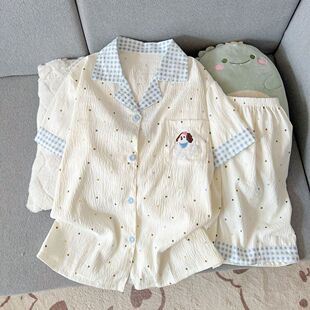 睡衣女可爱甜美少女家居服套装 短裤 可外穿 短袖 撞色小狗云朵棉夏季