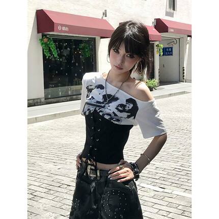 美式高街斜肩t恤女夏季撞色拼接短袖绑带束腰上衣ins