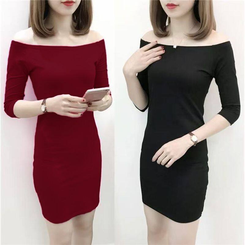 春秋夏露肩一字领中袖连衣裙七分袖修身显瘦包臀大码胖妹M打底裙