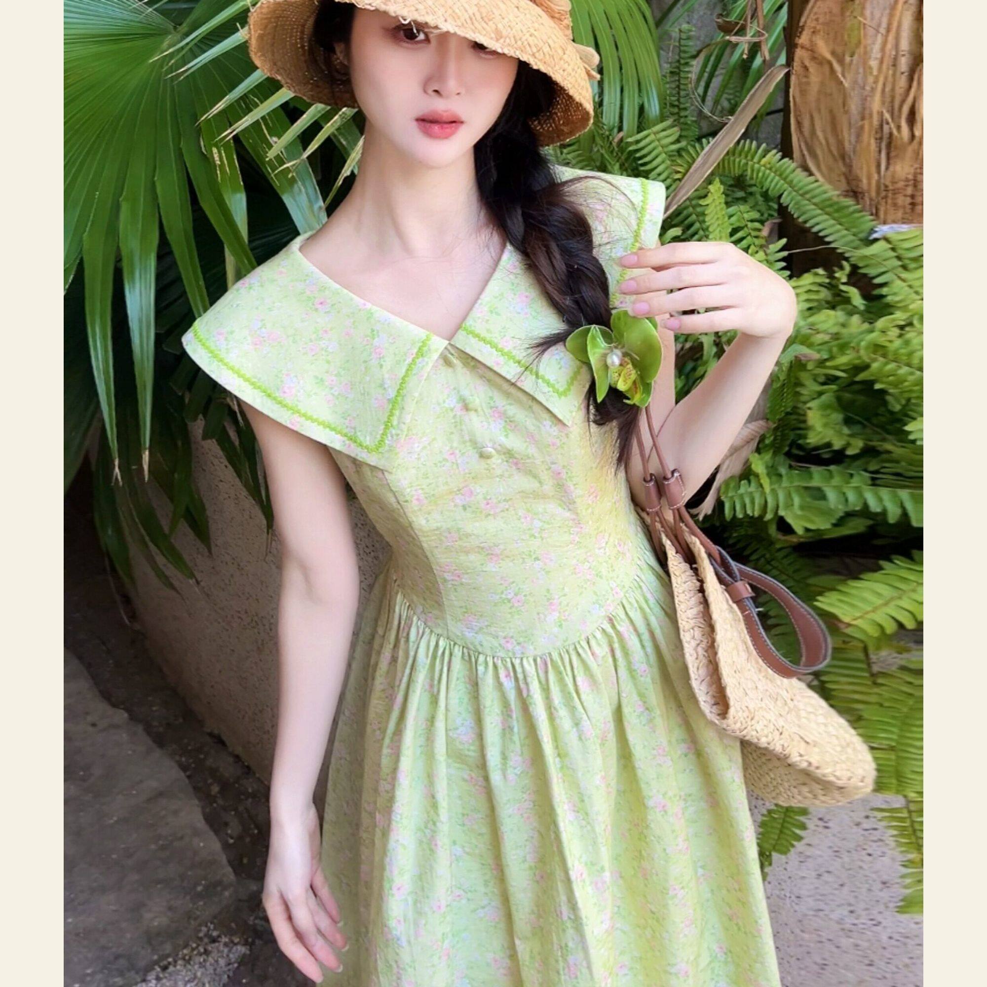 奶甜系牛油果绿连衣裙女