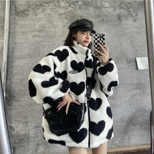 爱心羊羔毛棉衣外套棉袄ins潮 oversize棉服女设计感小众2024新款