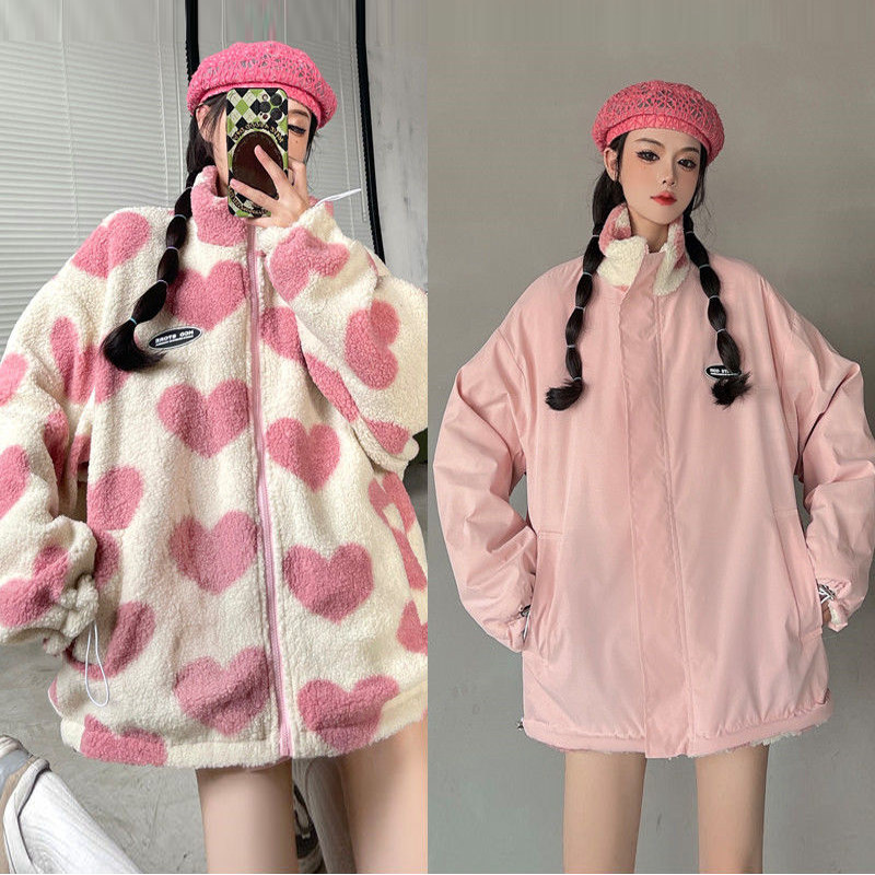 2025冬季新款加厚爱心羊羔绒外套女美式复古ins双面穿棉服夹克潮