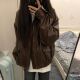 大码 美式 复古咖色皮衣外套女bf风春秋新款 宽松学生夹克上衣ins潮