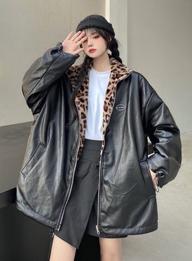 ins豹纹毛绒男女学生双面穿皮衣