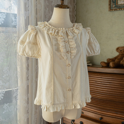现货【榛尼小熊短袖】原创lolita纯棉短袖衬衫夏新款荷叶内搭上衣