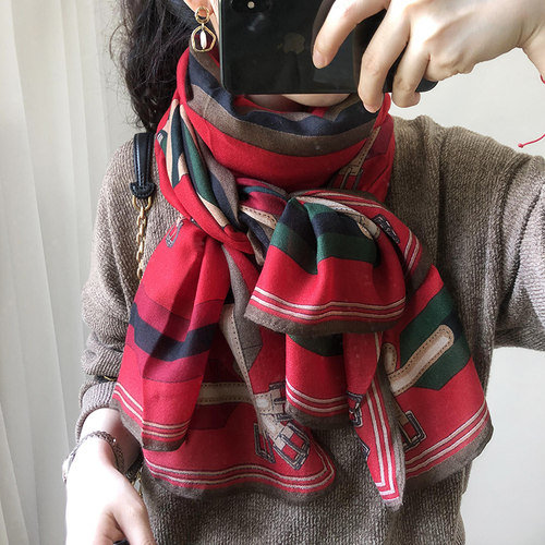 四季款百搭棉麻红色围巾披肩女