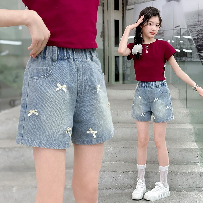 女童牛仔短裤2025夏季新款儿童蝴蝶结裤子中大童宽松儿童外穿