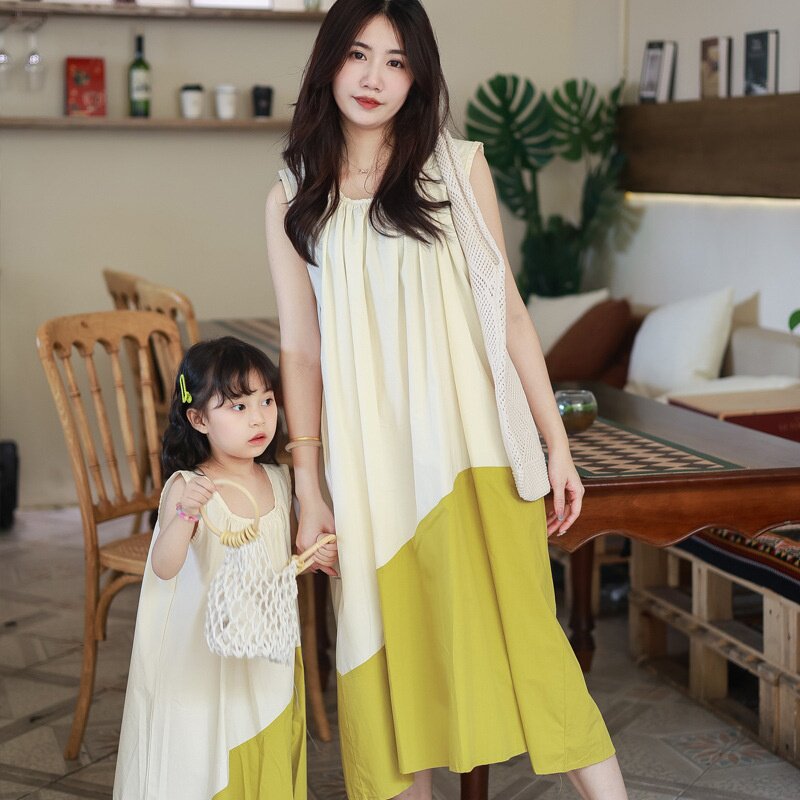 母女连衣裙夏季新款无袖纯棉拼接韩版宽松洋气女童背心裙子