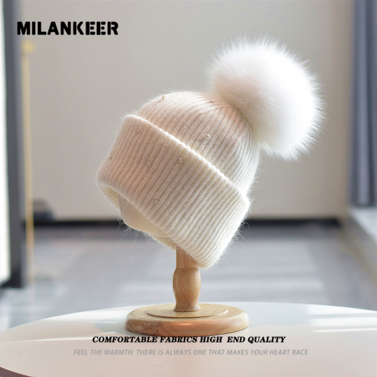 韩版冬季钉珠女士兔毛针织毛线帽子显脸小百搭堆堆帽狐狸毛球帽潮