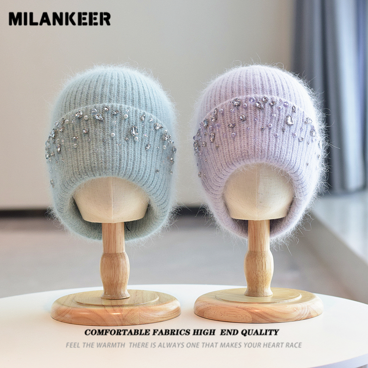 高品质亮钻珍珠兔毛针织帽