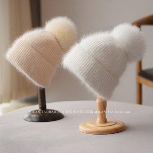 安哥拉兔毛绒针织帽子女秋冬狐狸毛球帽百搭双层加厚护耳针织帽潮