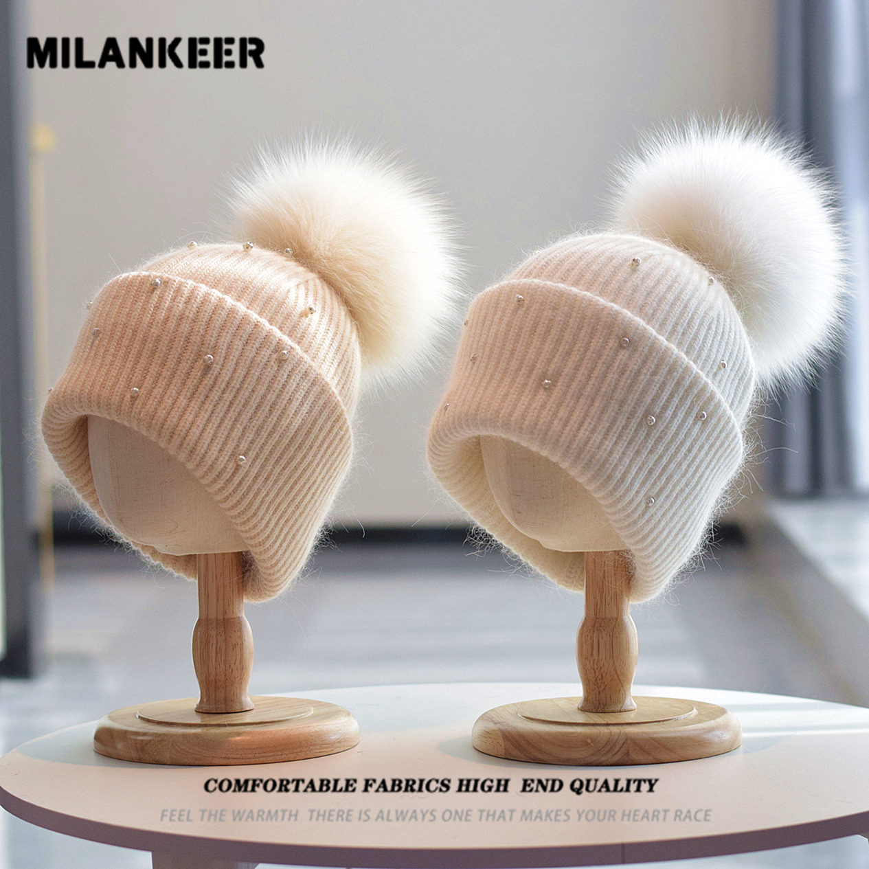 韩版冬季钉珠女士兔毛针织毛线帽子显脸小百搭堆堆帽狐狸毛球帽潮