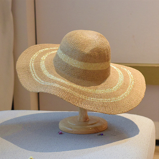 法式度假优雅金丝条纹大檐帽女士防晒遮阳草帽夏天出游编织礼帽潮