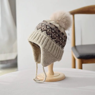范吸吸同款菱形提花针织帽子女狐狸毛球护耳雷锋帽韩版保暖毛线帽