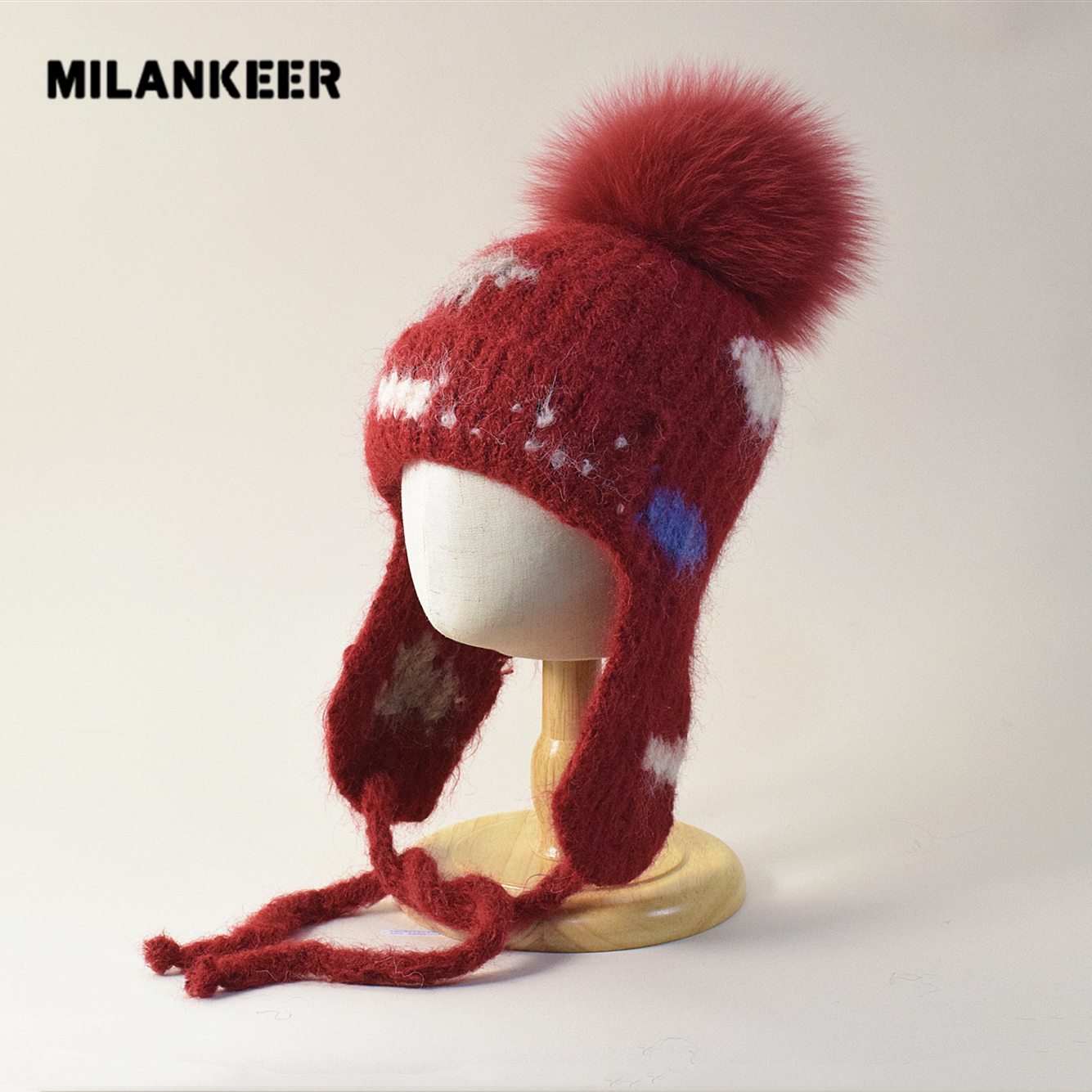 韩系拼色儿童帽子秋冬加厚护耳雷锋帽男女童滑雪帽针织狐狸毛球帽